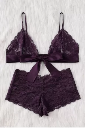 Kadın Mor Dantelli & Kurdelalı Sütyen Külot Takımı