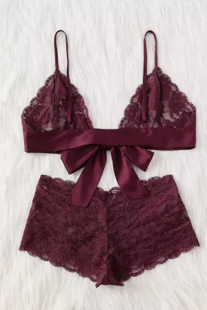 Kadın Bordo Dantelli & Kurdelalı Sütyen Külot Takımı