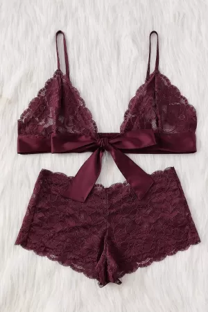 Kadın Bordo Dantelli & Kurdelalı Sütyen Külot Takımı