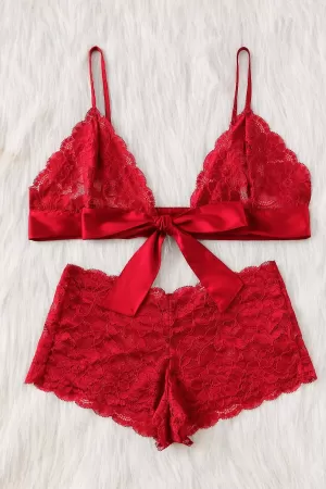 Kadın Kırmızı Dantelli & Kurdelalı Sütyen Külot Takımı