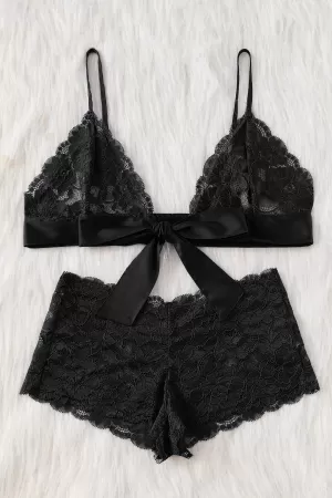 Kadın Siyah Dantelli & Kurdelalı Sütyen Külot Takımı