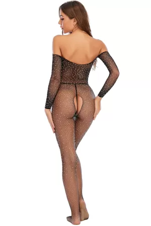 Kadın Siyah Taşlı Özel Bölgesi Açık Fantezi Vücut Çorabı