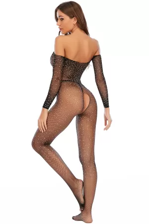 Kadın Siyah Taşlı Özel Bölgesi Açık Fantezi Vücut Çorabı