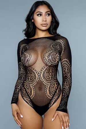 Kadın Siyah File Detaylı Fantezi Vücut Çorabı