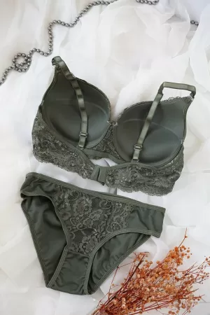 Kadın Haki Yeşili Dolgulu Dantel Sütyen Ve Külot Takım