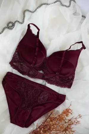 Kadın Bordo Dolgulu Dantel Sütyen Ve Külot Takım