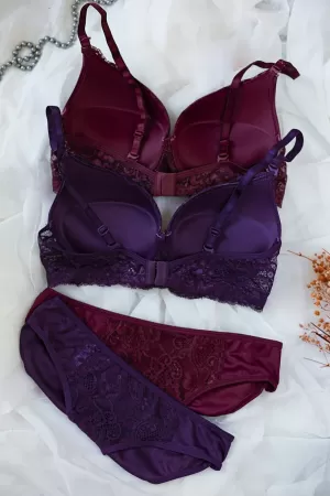 Kadın Bordo Ve Mor Dolgulu Balenli Sütyen Külot 2'li Paket