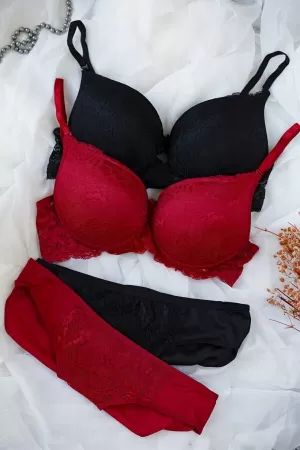 Kadın Siyah Ve Kırmızı Dolgulu Balenli Sütyen Külot 2'li Paket