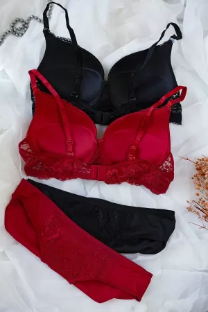 Kadın Siyah Ve Kırmızı Dolgulu Balenli Sütyen Külot 2'li Paket