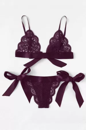 Kadın Mor Kurdelalı Ve Dantelli Sütyen Külot Takımı