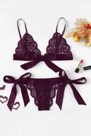 Kadın Mor Kurdelalı Ve Dantelli Sütyen Külot Takımı