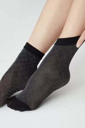 Siyah Simli Desenli Ince Soket Çorap Cross Shine