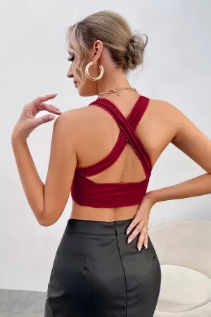 Kadın Bordo Çapraz Sırt Detaylı Şık Crop Top Büstiyer