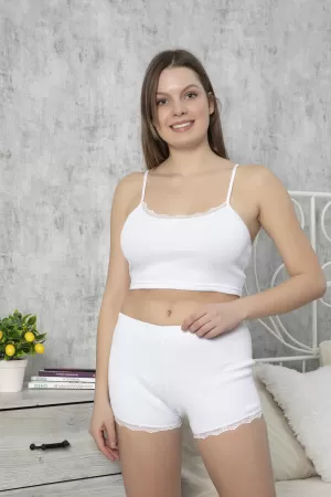 Kadın Beyaz Alt Ve Üst Dantel Detaylı Şortlu Gecelik Takımı