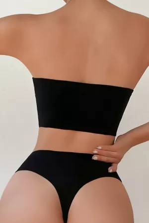 Kadın Siyah Straplez Sütyen ve Yüksek Bel Külot Takım
