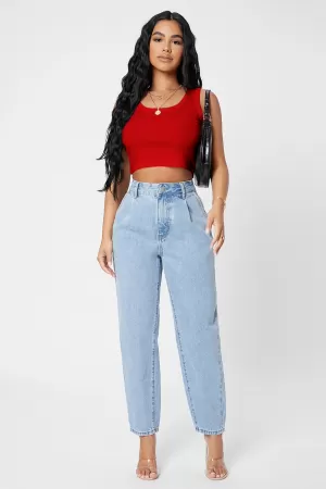 Kadın Kırmızı Kare Yaka Crop Top Bluz