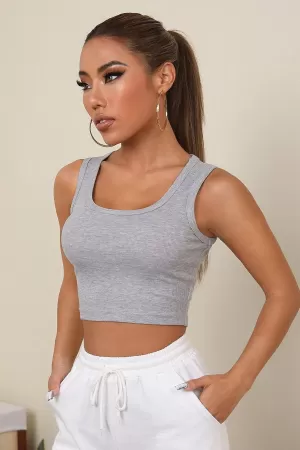 Kadın Gri Kare Yaka Crop Top Bluz