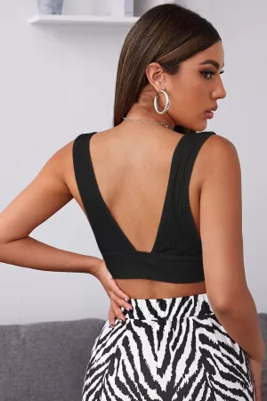 Kadın Siyah Derin V Yaka Ve Sırt Dekolteli Askılı Crop Top Bluz