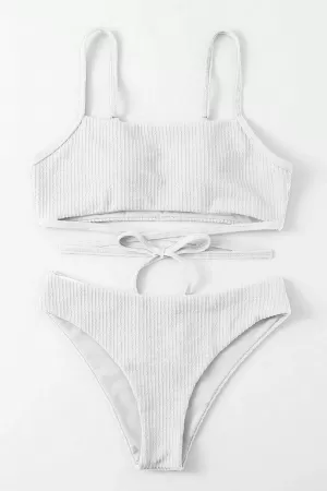 Kadın Beyaz Çapraz Bağlama Detaylı Yüksek Bel Bikini Takımı