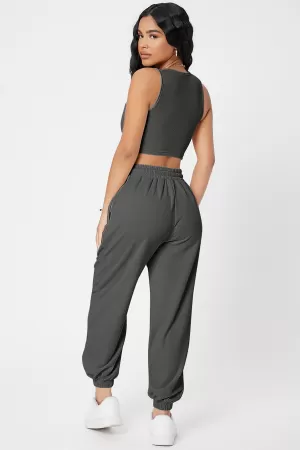 Kadın Antrasit Gri Kaşkorse Cepli Jogger Eşofman Altı ve Crop Top Bluz