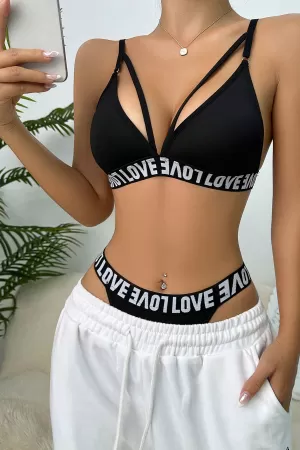 Kadın Siyah Love Yazı Detaylı Harness İç Çamaşır Takımı