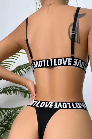 Kadın Siyah Love Yazı Detaylı Harness İç Çamaşır Takımı