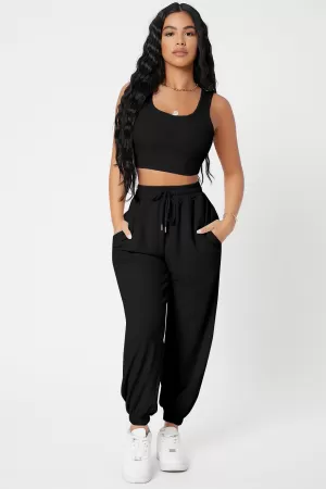 Kadın Siyah Kaşkorse Cepli Jogger Eşofman Altı ve Crop Top Bluz