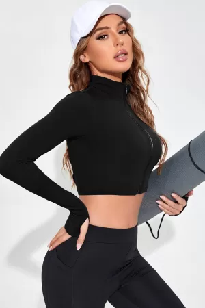 Kadın Siyah Uzun Kol Fermuarlı Parmak Geçme Detaylı Dik Yaka Crop Top Bluz