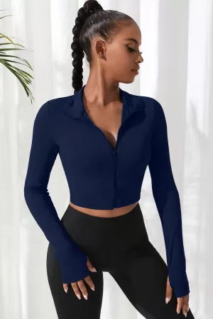 Kadın Lacivert Uzun Kol Fermuarlı Parmak Geçme Detaylı Dik Yaka Crop Top Bluz