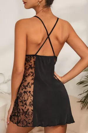 Kadın Siyah Çapraz Sırt Dekolteli Transparan Dantel Gecelik