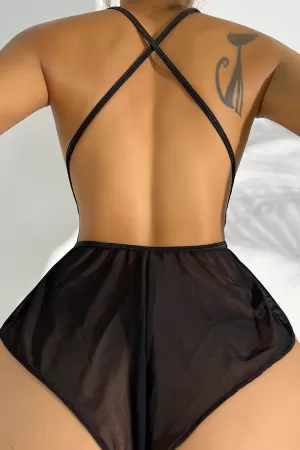 Kadın Siyah Dantel ve Çapraz Sırt Detaylı Fiyonklu Transparan Tül Gecelik