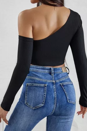 Kadın Siyah Tek Omuz Detaylı Uzun Kol Crop Top Bluz