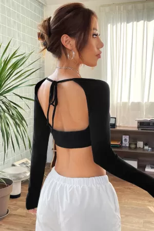 Kadın Siyah Uzun Kol Göğüs ve Sırt Dekolteli Crop Top Bluz