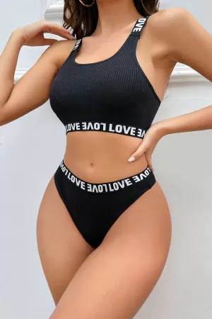 Kadın Siyah Çapraz Sırt ve Love Lastik Detaylı Sütyen Külot Takım