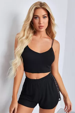 Kadın Siyah Yanları ve Sırtı Dantel Detaylı Çift Sıra İnce Lastikli Şortlu Gecelik Takım