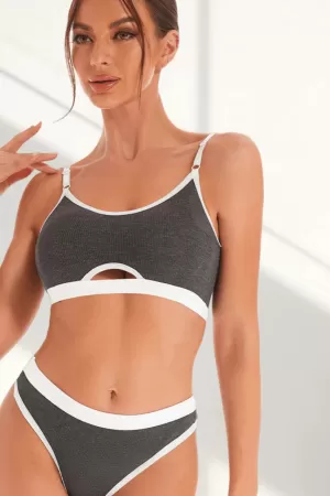 Kadın Gri Antrasit Kaşkorse ve Beyaz Lastikli Cut-Out Tanga Külotlu Takım