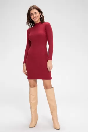 Kadın Bordo Kaşkorse Balıkçı Yaka Uzun Kollu Bodycon Mini Elbise