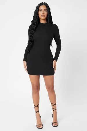Kadın Siyah Kaşkorse Balıkçı Yaka Uzun Kollu Bodycon Mini Elbise