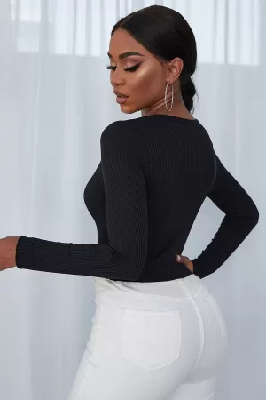 Kadın Siyah Uzun Kollu Düğmeli Göğüs ve Göbek Dekolteli Crop Top Bluz