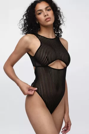 Kadın Siyah Cut-Out Detaylı Transparan Çizgili Gecelik