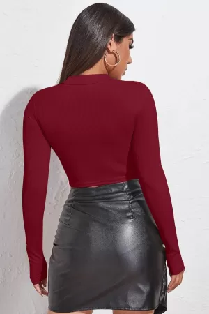 Kadın Bordo Göğüs Dekolteli Uzun Kollu Cut Out Crop Top Bluz