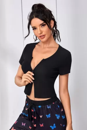 Kadın Siyah Çift Fermuarlı Yarım Kol Crop Top Bluz
