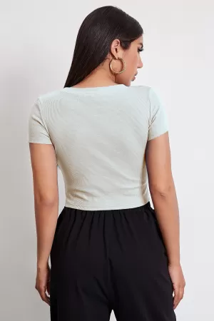 Kadın Beyaz Yuvarlak Yaka Yarım Kol Crop Top Bluz