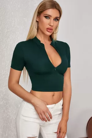 Kadın Yeşil Yarım Fermuarlı ve Kısa Kollu Crop Top Bluz