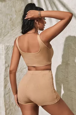 Kadın Krem Rengi Şortlu Crop Top Gecelik Takım