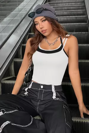 Kadın Siyah Beyaz Çift Renk Çapraz Askılı Crop Top Bluz