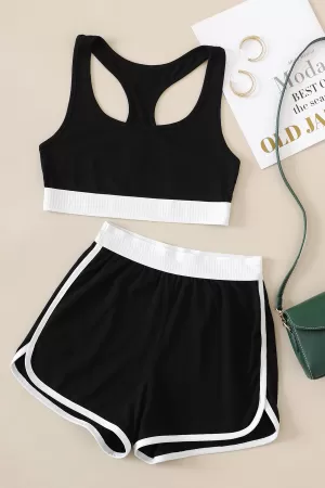 Kadın Siyah Beyaz Lastikli Çapraz Crop Toplu Şortlu Gecelik Takım