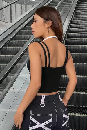 Kadın Beyaz Siyah Çift Renk Çapraz Askılı Crop Top Bluz