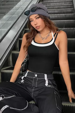Kadın Beyaz Siyah Çift Renk Çapraz Askılı Crop Top Bluz