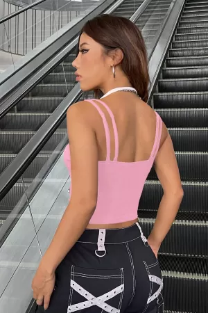 Kadın Pembe Beyaz Çift Renk Çapraz Askılı Crop Top Bluz